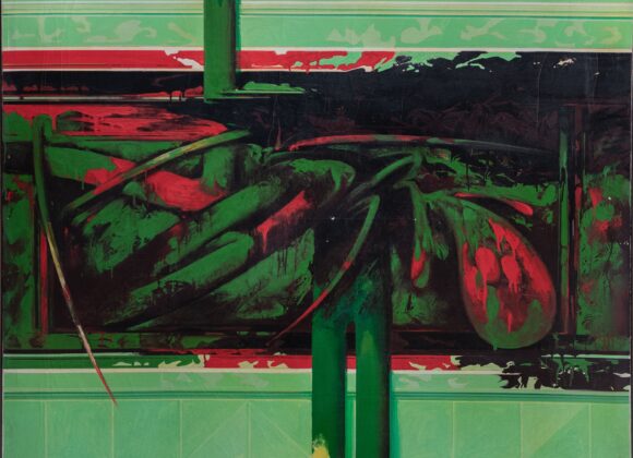 Umberto Mariani, Tre vegetali, 1966, olio e smalto su tela, pastello rosso, cm 120 x 140