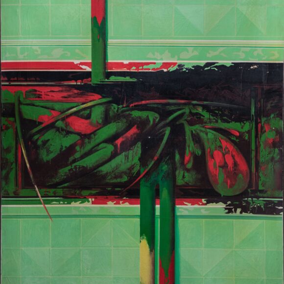 Umberto Mariani, Tre vegetali, 1966, olio e smalto su tela, pastello rosso, cm 120 x 140